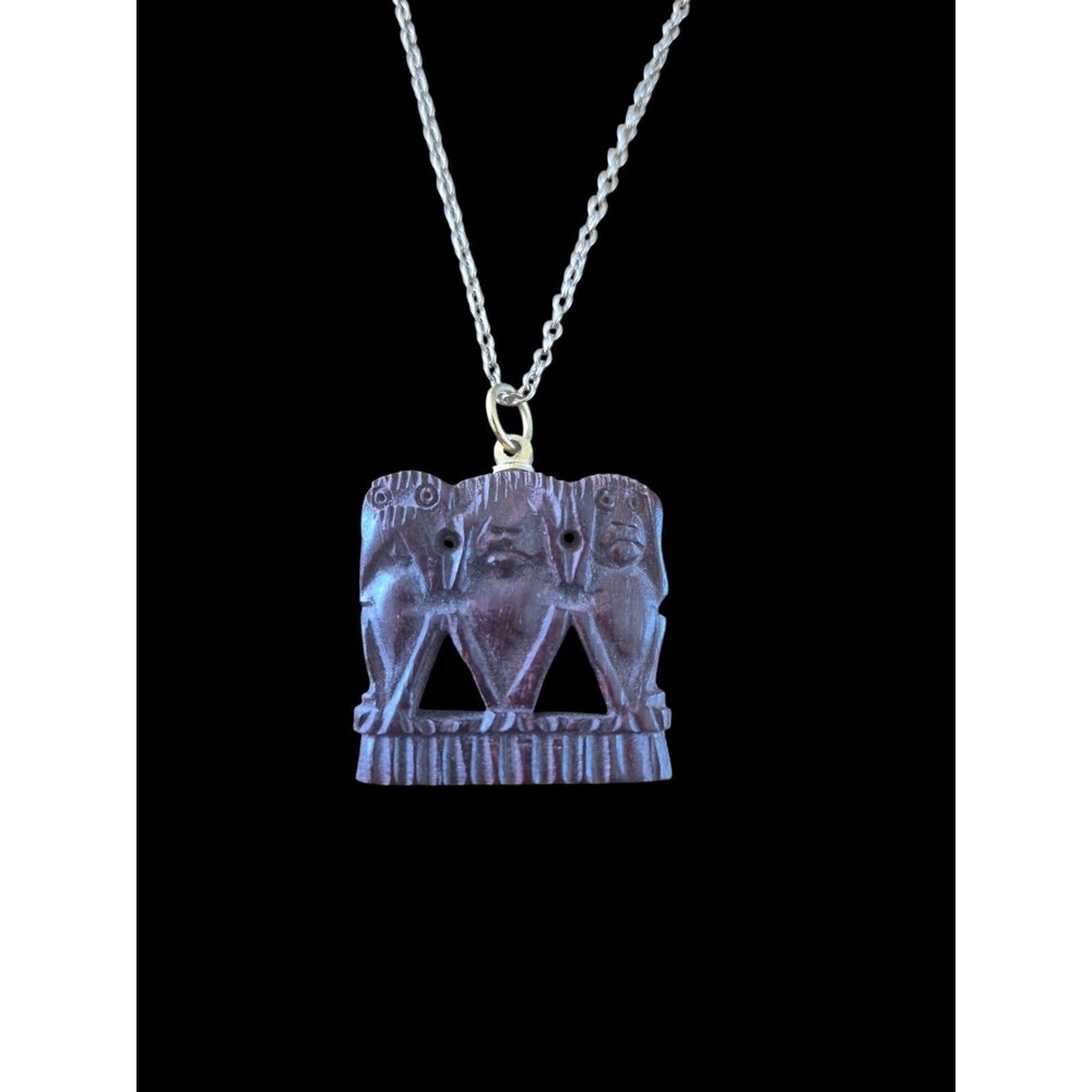 Vintage Japanese Carved Wood Wise Monkey Pendant Necklace